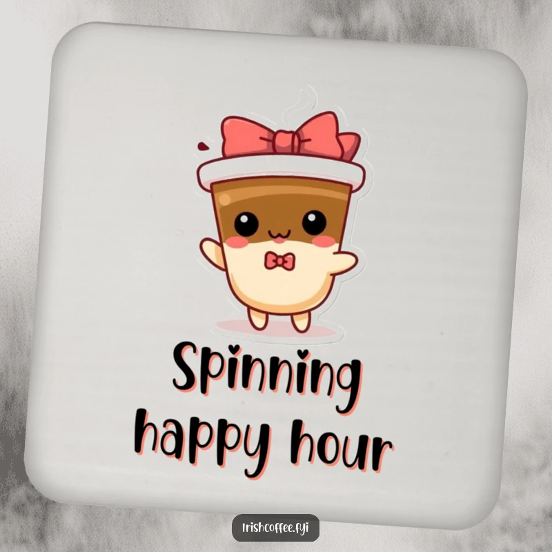 Funny spinning coffee drink coaster with a playful character and bow, adding a humorous coffee-themed touch to decor.