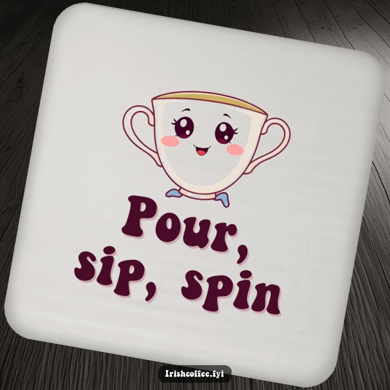 Funny drink coasters depicting a cheerful teacup with saucy eyes, executing a playful pirouette, protecting surfaces with humorous elegance.
