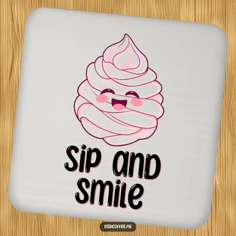 Funny cheerful whipped cream swirl laughing with pure delight on a drink coaster, adding sweet humor to tables.