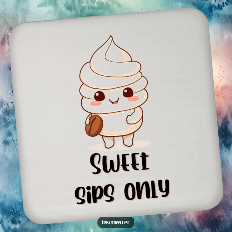 Funny smiling whipped cream character holding a tiny coffee bean on a drink coaster, providing surface protection with sweet charm.