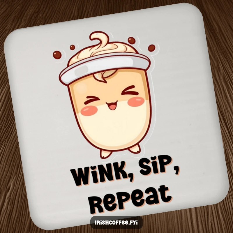 Funny coffee character coaster winking mischievously, protecting surfaces with a touch of humorous playfulness.