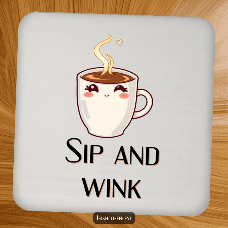 Funny drink coaster with a steaming coffee mug winking, protecting tables with coffee-themed humor.