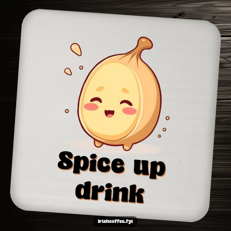 Funny drink coaster with a winking nutmeg character grating itself, protecting surfaces with spicy humor.
