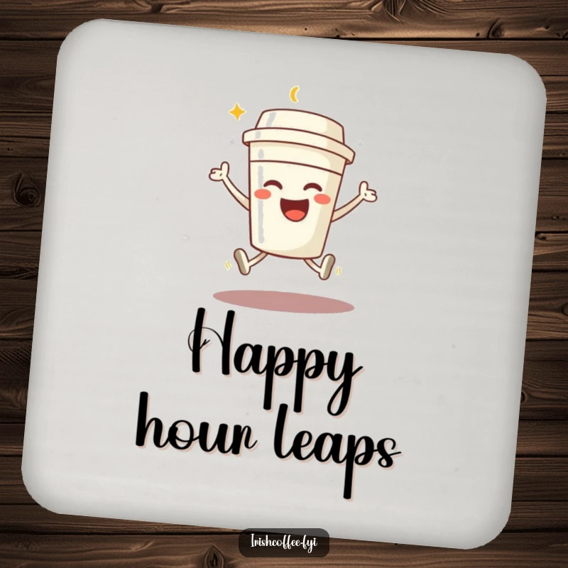 Funny drink coaster with a beaming coffee cup character performing a joyful jump, protecting surfaces with energetic humor.