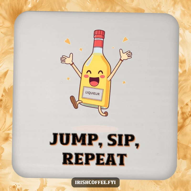 Funny drink coaster with a delighted liqueur bottle mid-air, joyfully celebrating.