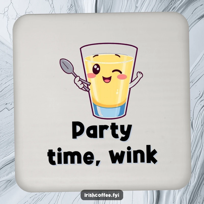 Funny drink coasters showcasing a giggling shot glass character winking and holding a tiny spoon, designed for surface protection with humor.