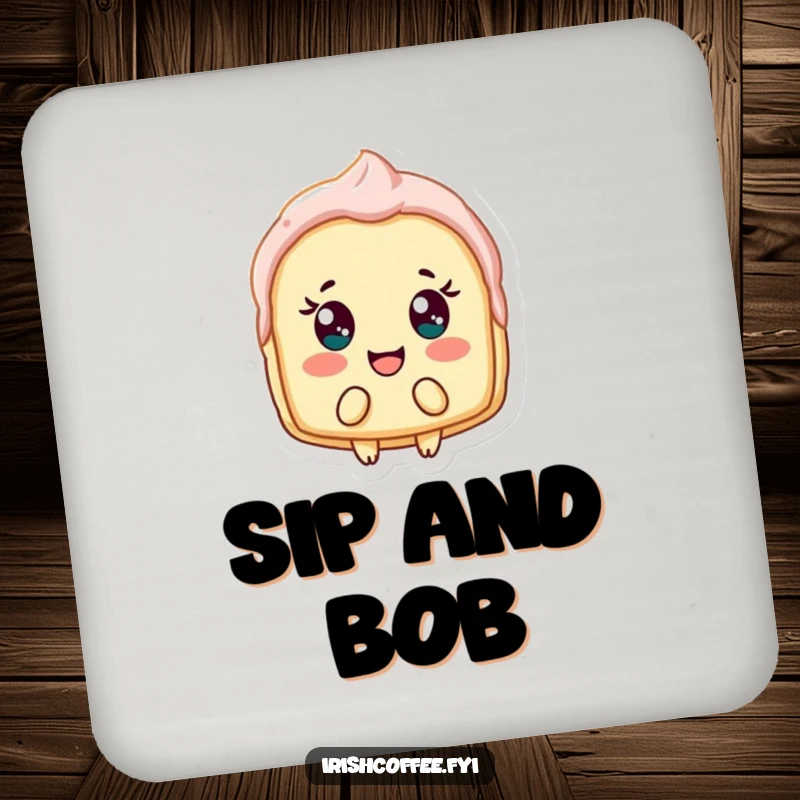 Funny drink coasters showcasing a delighted pastry shard bobbing, protecting furniture with charming, sweet-themed humor.