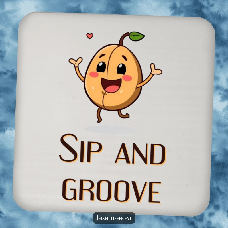 Funny Drink Coasters featuring a joyful coffee bean doing a happy jig, protecting surfaces with cheerful energy.