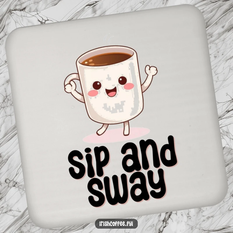 Funny drink coaster with a cheerful coffee mug character doing a happy dance, adding humor to beverage service.