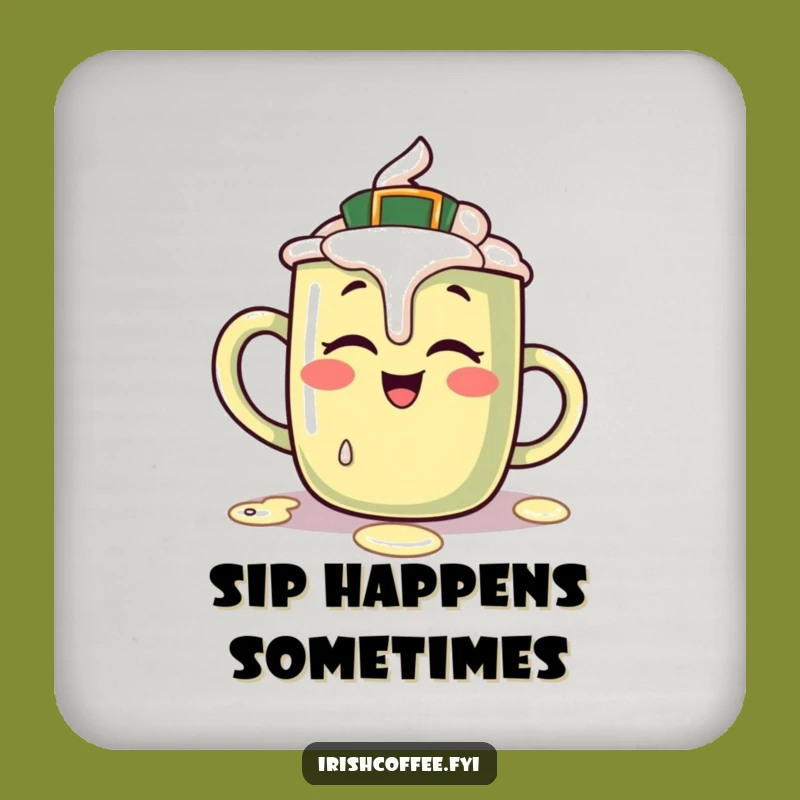 Funny Irish Coffee Mug Coaster: Giggling Character Spills Cream, Protects Surfaces Funny Gift!