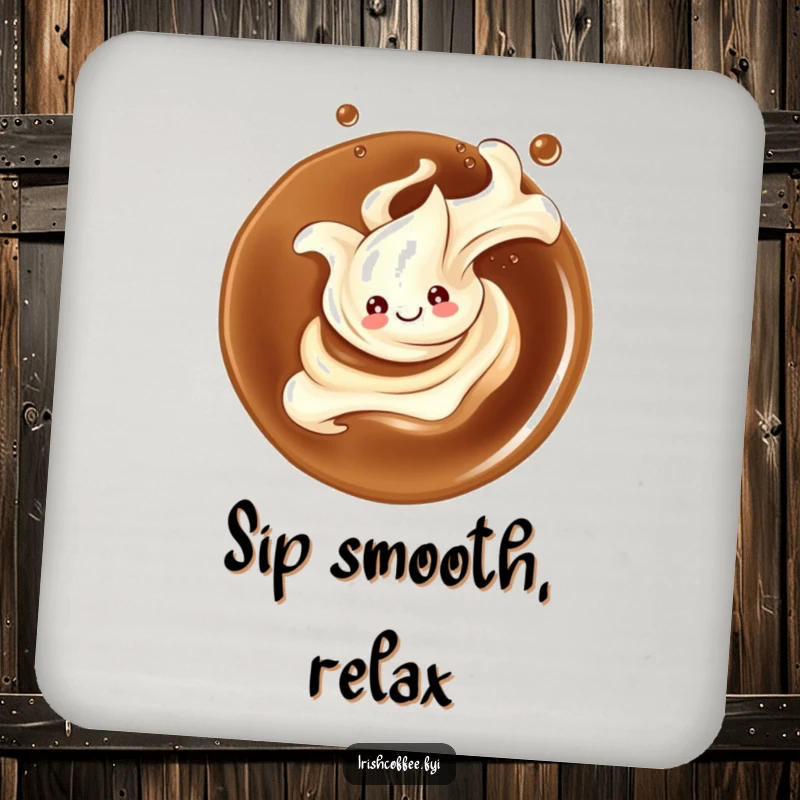 Funny drink coaster showcasing a smiling splash of cream elegantly twirling in coffee, adding a sophisticated touch to tabletops.