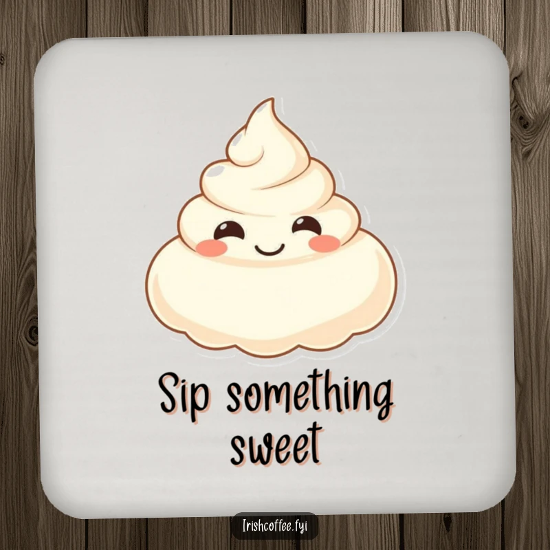Funny drink coaster with a smiling dollop of cream, protecting tables with sweet-themed humor.