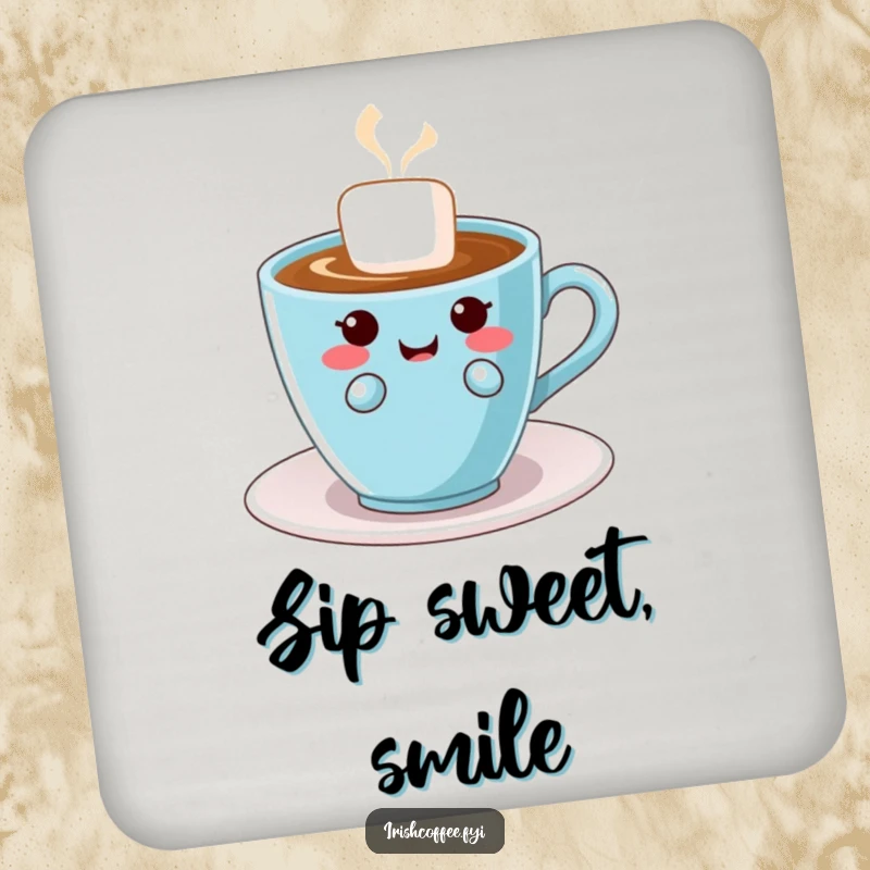 Funny drink coaster showcasing a cute, giggling sugar cube, adding a playful and mischievous touch to any tabletop surface.
