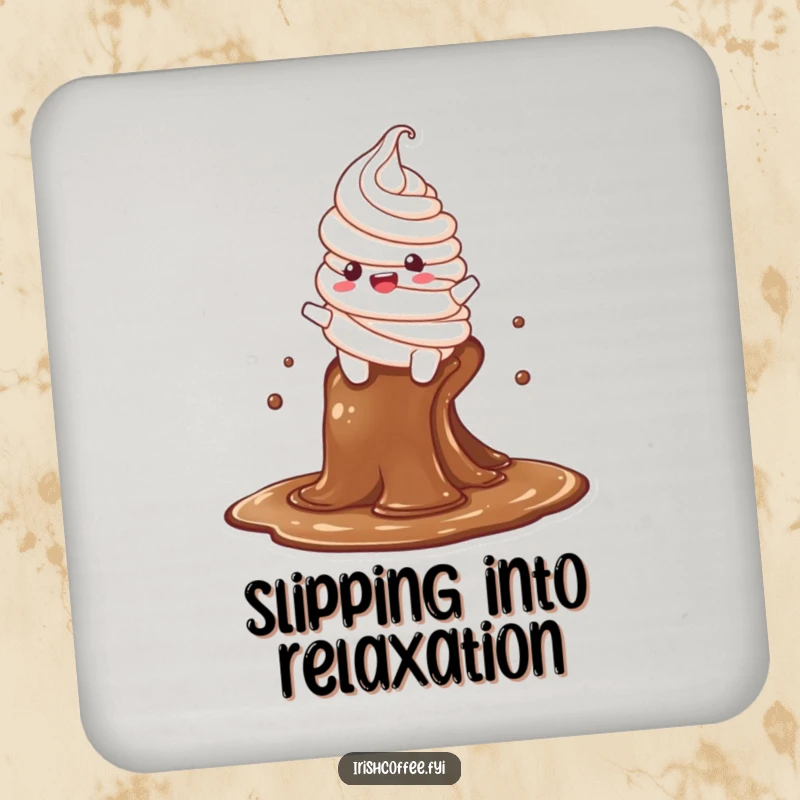Funny drink coaster featuring a delighted whipped cream character sliding down a coffee stream, protecting furniture with a humorous touch.