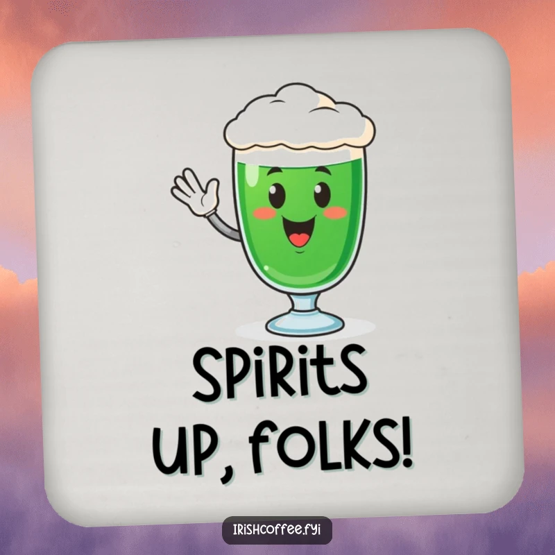 Funny drink coaster set featuring an adorable Irish coffee glass character waving, perfect for protecting tables with humor.