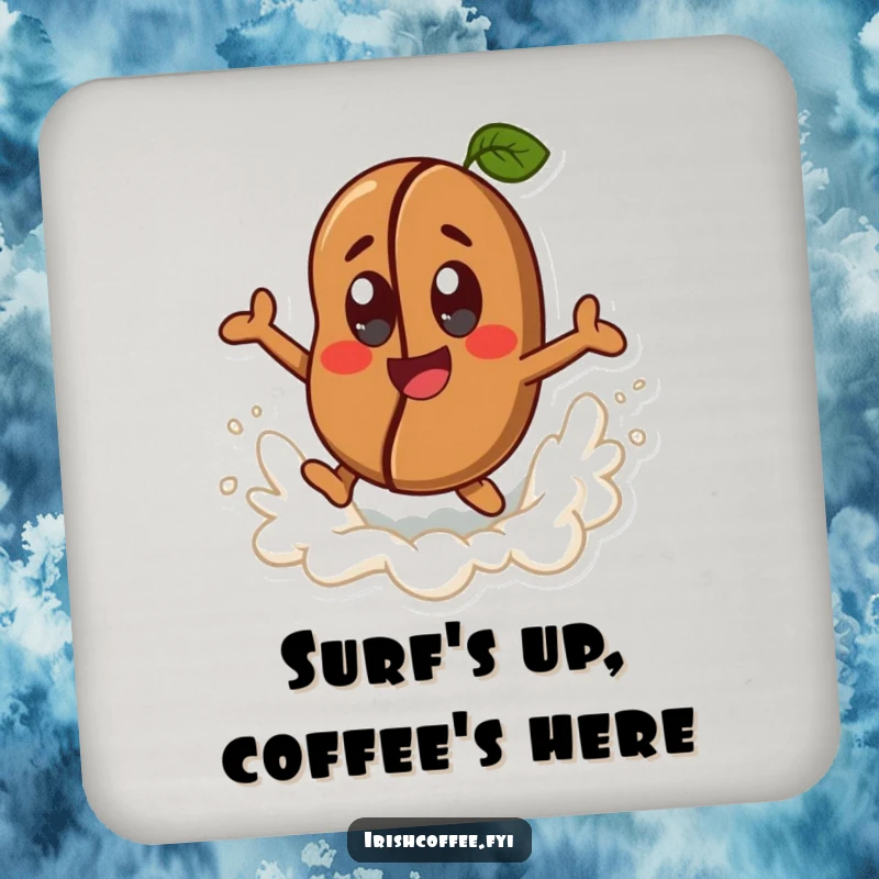 Funny happy coffee bean character with cheerful eyes, joyfully leaping from a frothy wave, presented on a functional and humorous drink coaster.