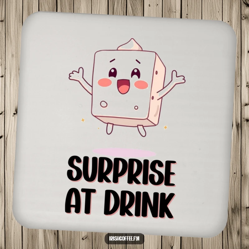 Funny drink coaster with a surprised sugar cube character jumping, protecting surfaces with a jolt of humor.