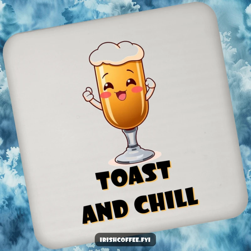 Funny drink coasters with a happy Irish coffee glass raising a toast, protecting your surfaces.