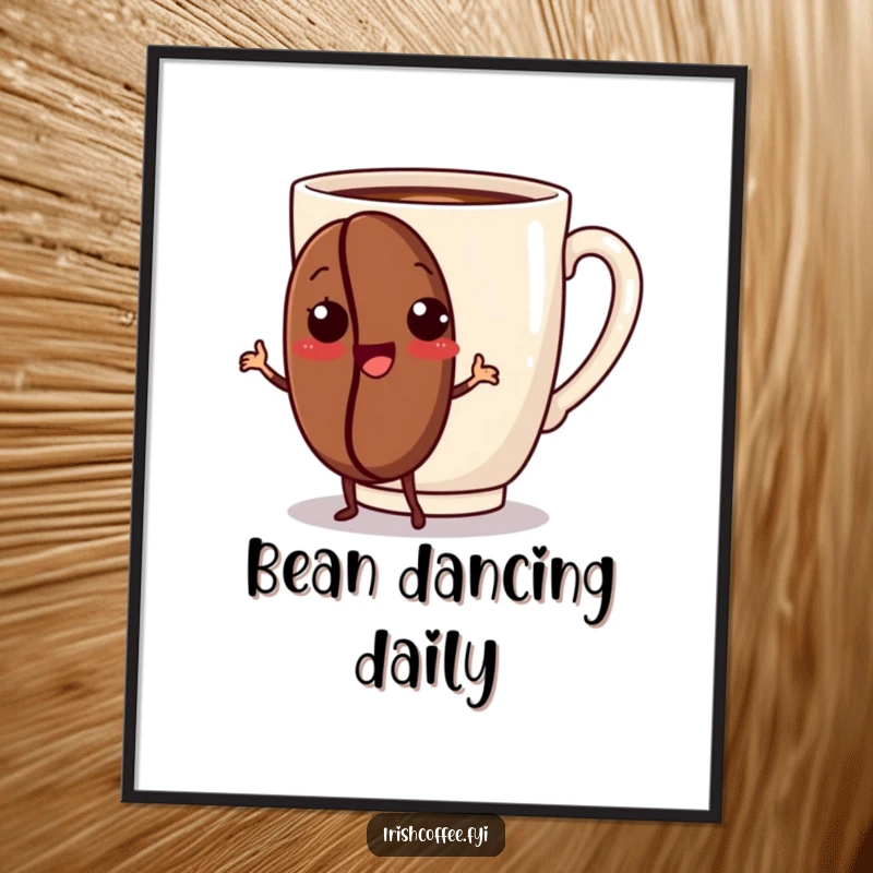 Funny poster art of a coffee bean character enthusiastically dancing, bringing a lively and cheerful atmosphere to any room.