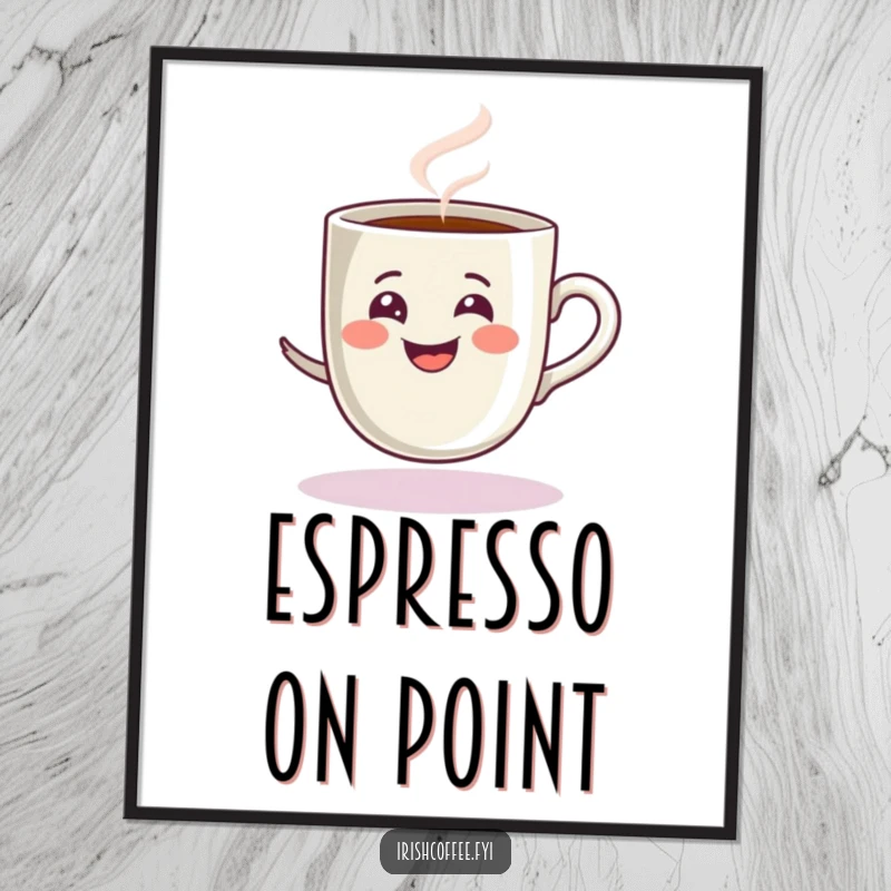 Funny poster of a steamy grinning espresso cup spinning playfully, bringing energetic and fun coffee humor to decor.