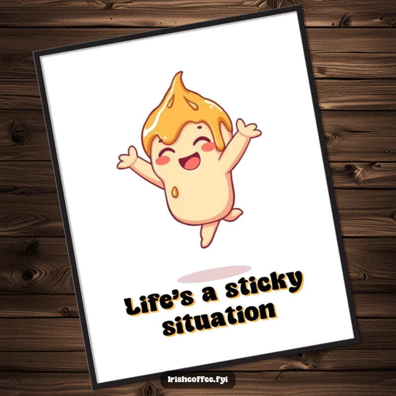 Funny caramel drizzle poster capturing a happy drizzle in mid-leap, vibrant and sweet wall art.