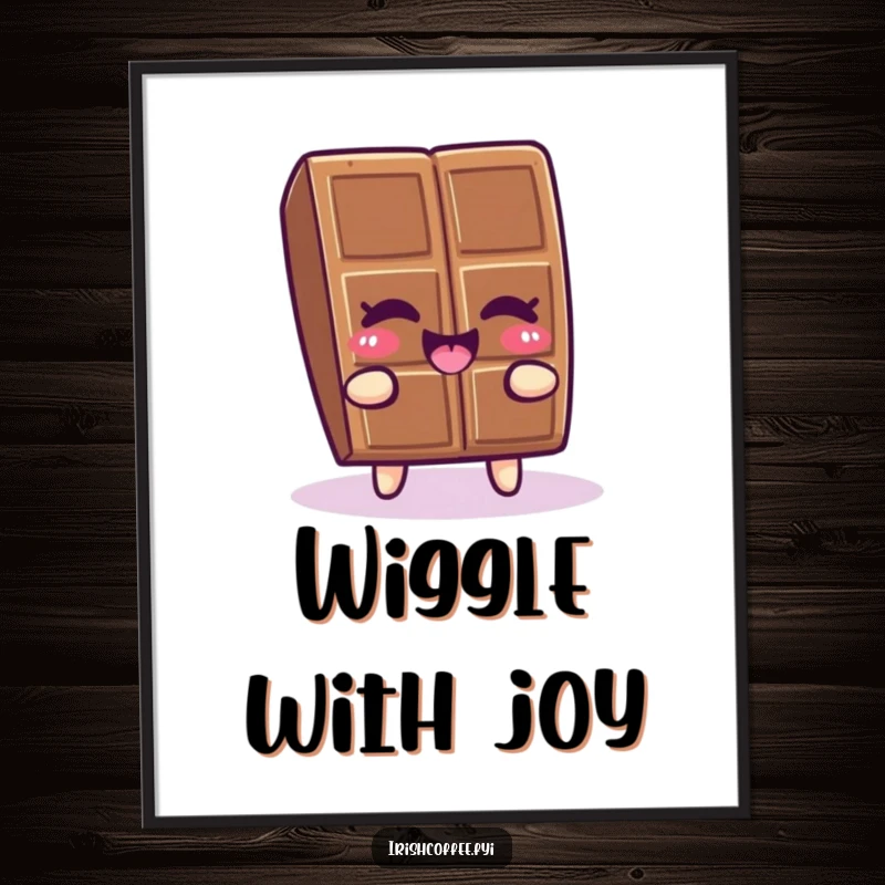 Funny piece of chocolate winking and doing a happy wiggle, displayed as a humorous art print.