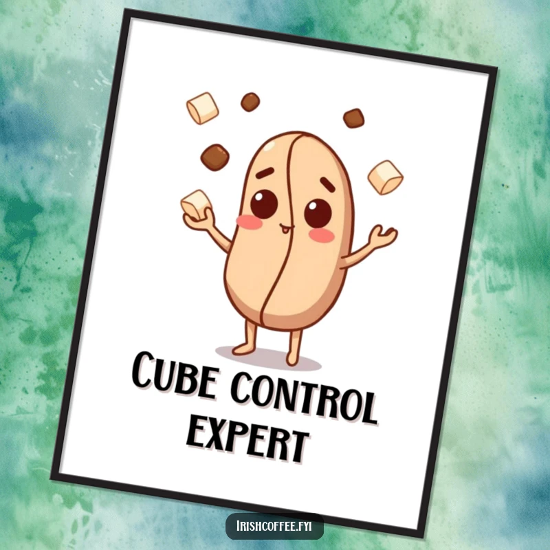 Funny poster depicting a curious coffee bean character skillfully juggling small sugar cubes, adding a touch of whimsical art.