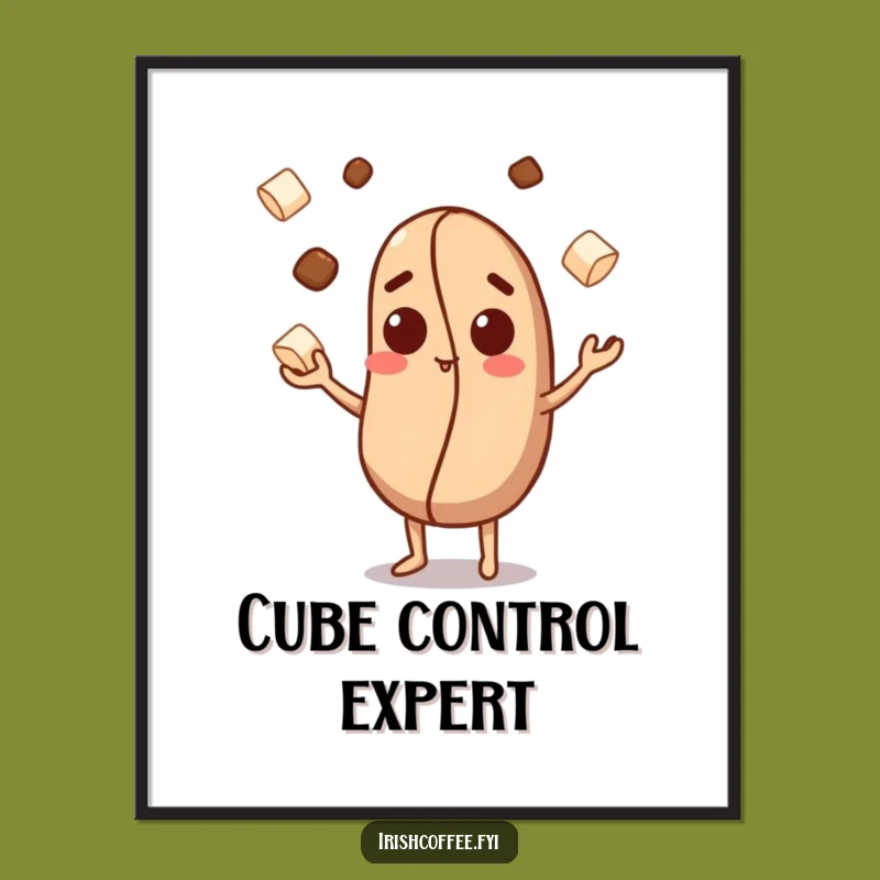 Funny Coffee Bean Poster: Curious Character Juggles Sugar Cubes, Whimsical Funny Gift Decor!