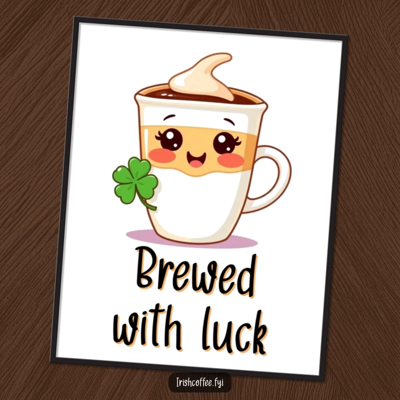Funny poster art of a happy coffee cup character with a tiny shamrock, adding whimsical Irish charm to any room.