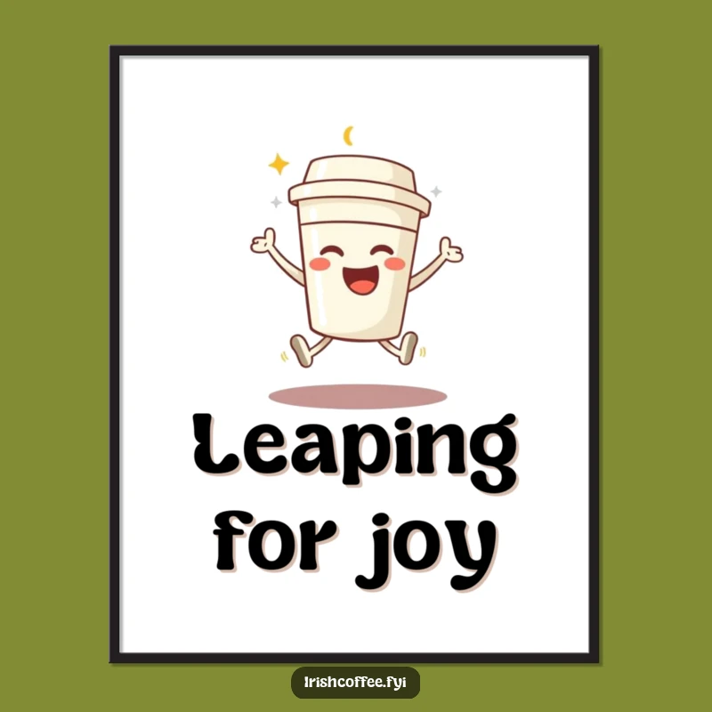 Funny Coffee Jump Poster: Beaming Character Art, Joyful Wall Decor Gift