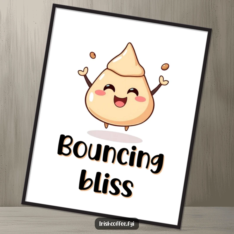 Funny poster featuring a coffee liquor dollop joyfully bouncing, full of infectious energy and happiness.