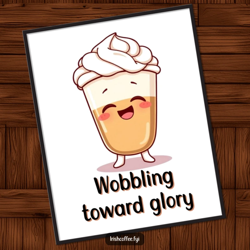 Funny coffee poster featuring a giggling character with whipped cream hair, in a silly wobble, bringing animated humor to decor.