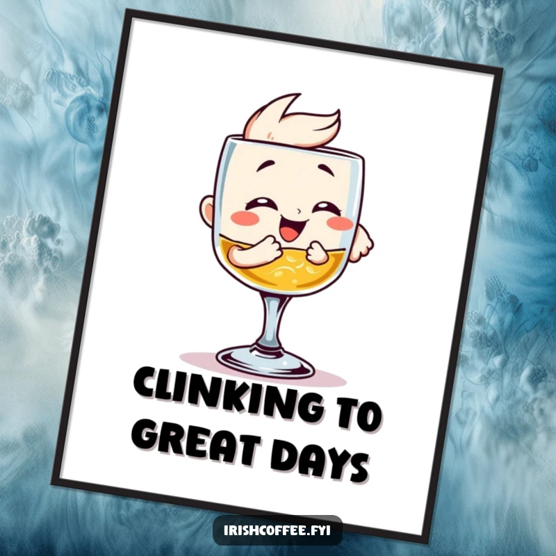 Funny Poster: A giggling whiskey glass clinking, radiating pure joy and celebration. Adds a spirited and humorous touch to any room.