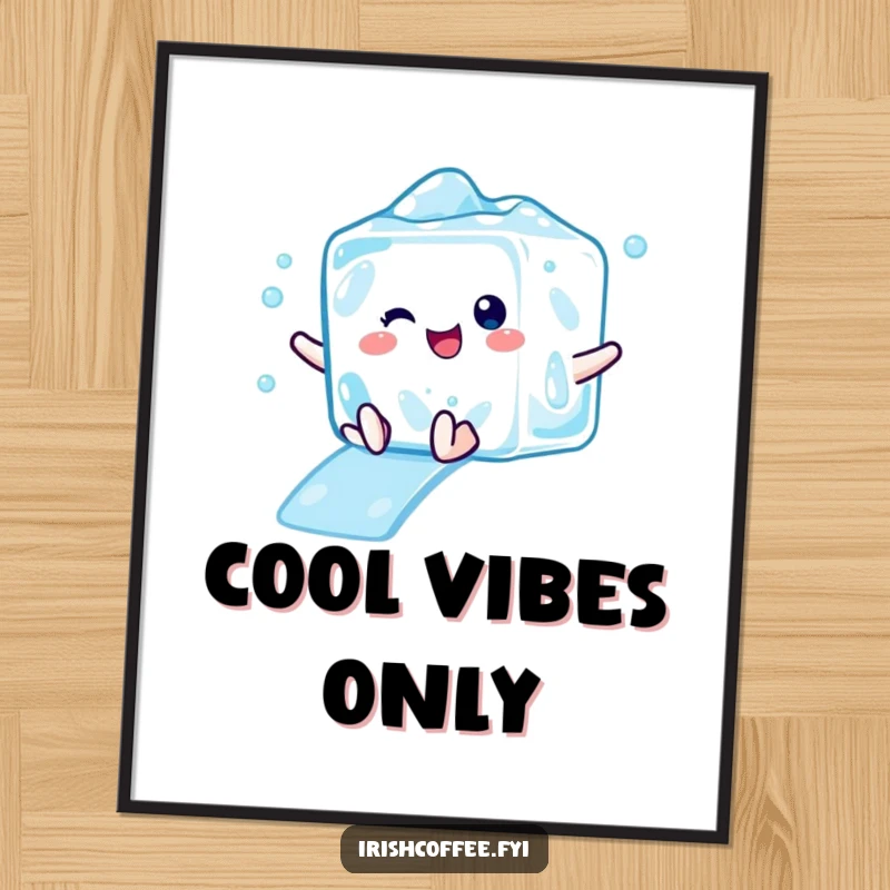 Funny poster illustrating a delighted ice cube character performing a refreshing slide, bringing cool vibes and humor.