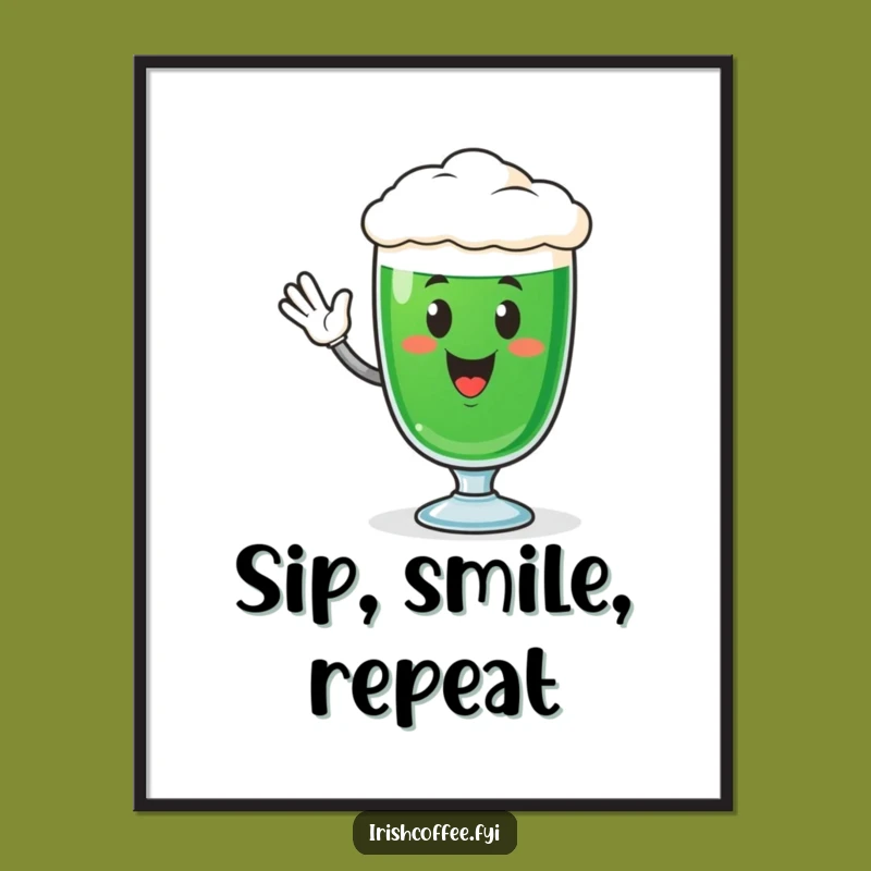Funny Irish Coffee Glass Poster - Cheerful Waving Character Art, Vibrant Gift