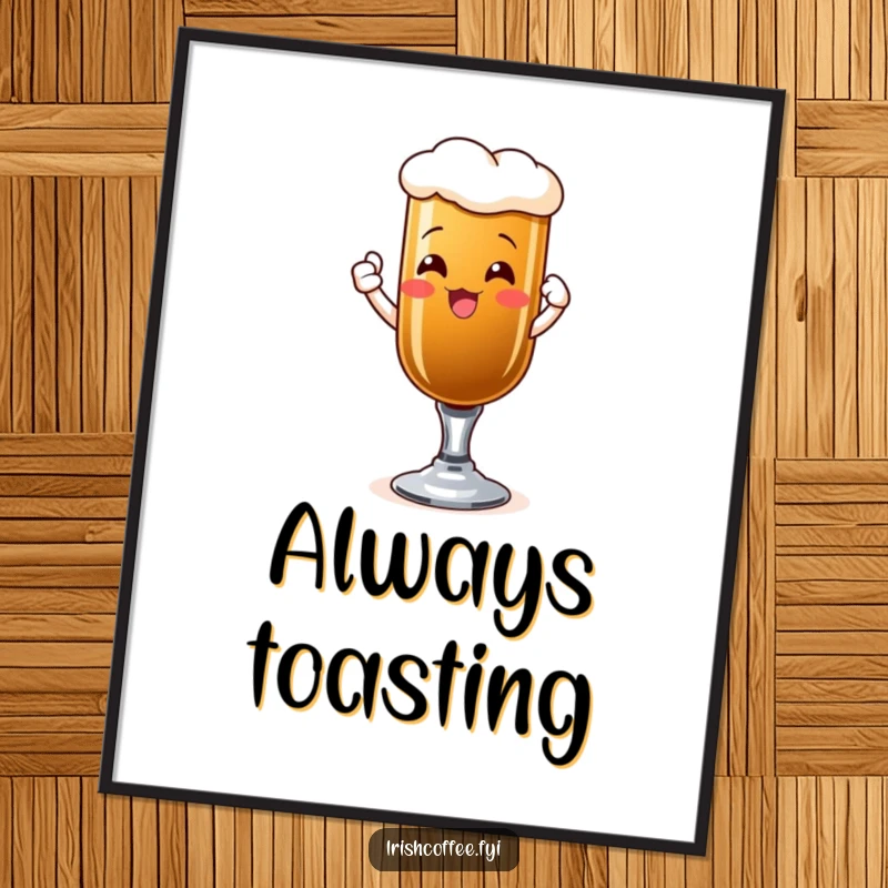 Funny poster featuring a beaming Irish coffee glass raising a toast, symbolizing joy and celebration.
