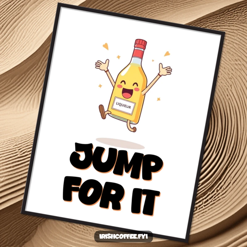 Funny poster of a delighted liqueur bottle leaping joyfully in celebration, adding a festive touch to walls.