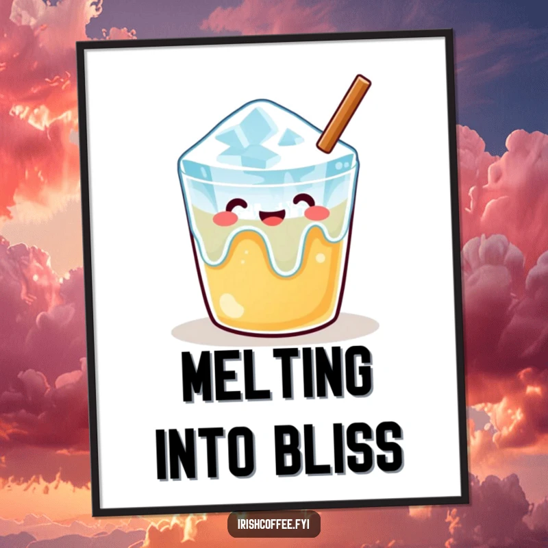 Funny poster art of a content melting ice cube soaking in warmth, evoking feelings of peace and relaxation.