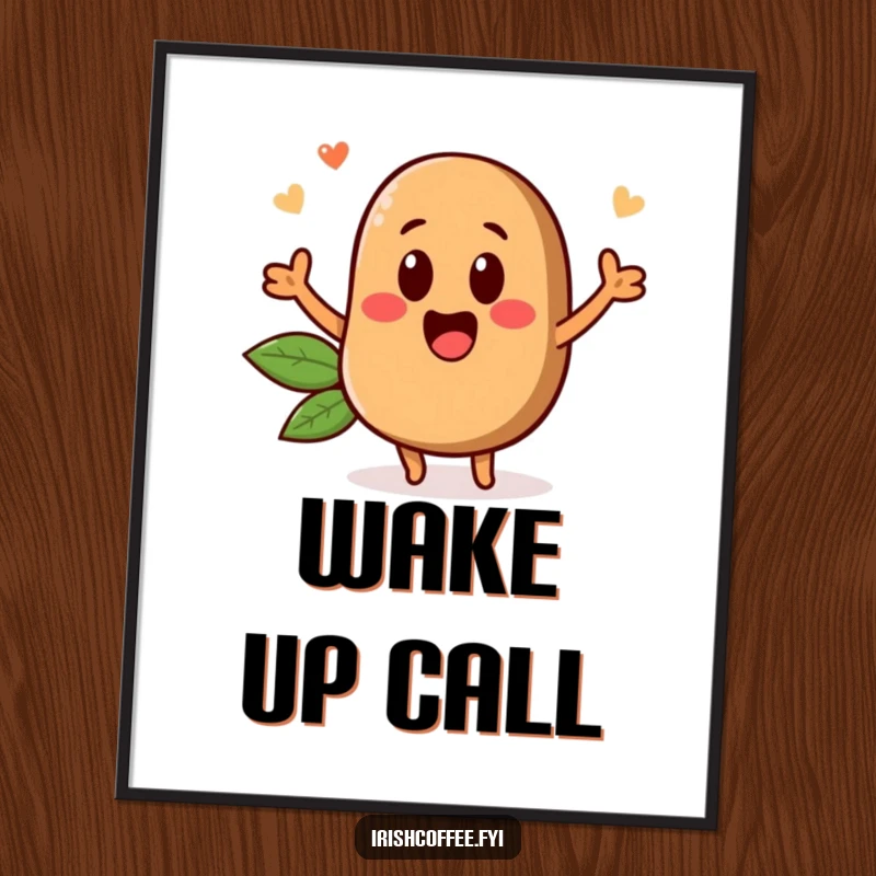 Funny poster of a cheerful coffee bean character excitedly popping up, adding a dose of energy and humor to any wall.