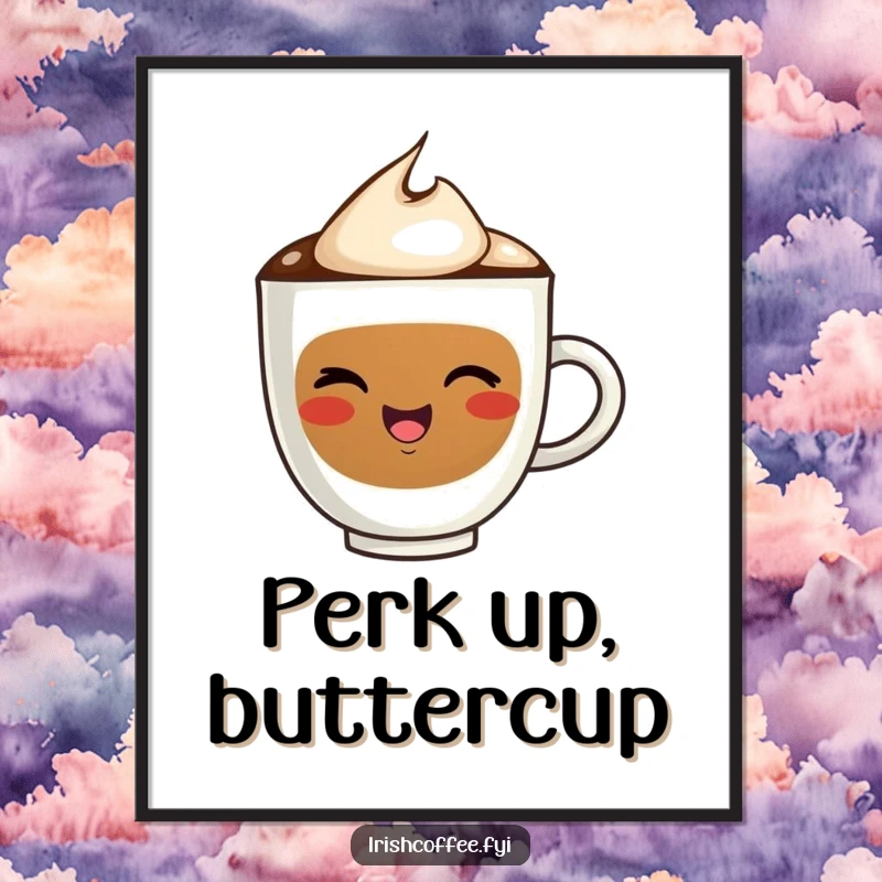 Funny poster art of a cheerful coffee cup character winking enthusiastically, perfect for adding humor to wall decor.