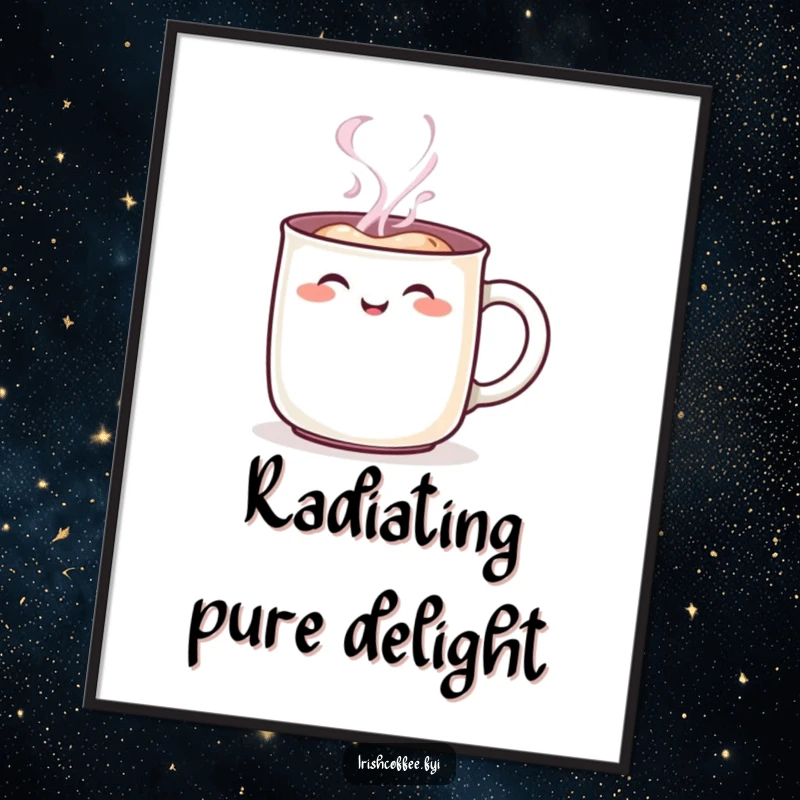 Funny steaming mug character poster, featuring a cheerful rosy blush, bringing warmth and humor to wall art, excellent funny gift.