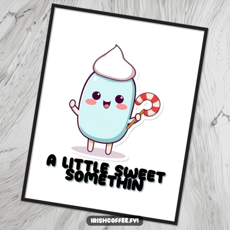 Funny poster art of a playful stir stick character offering a miniature candy cane, perfect for adding a sweet touch.