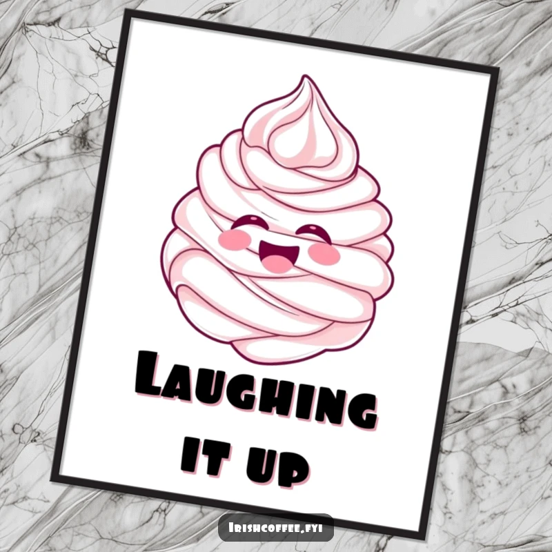 Funny cheerful whipped cream swirl character laughing with pure delight, displayed as a humorous art print.
