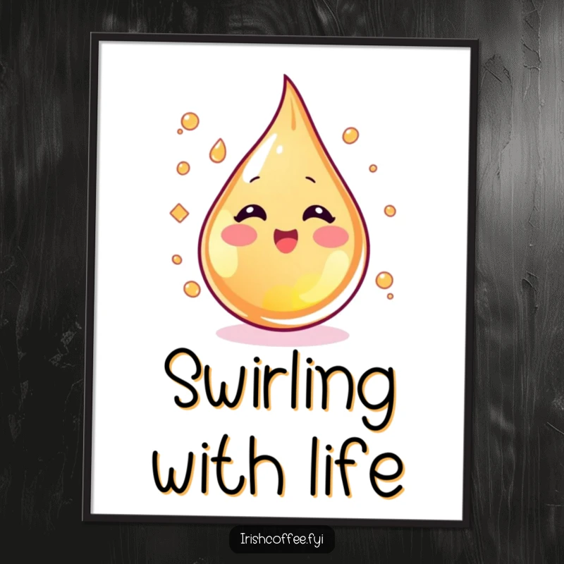 Funny blushing whiskey droplet character swirling with excitement, displayed as a humorous art print.