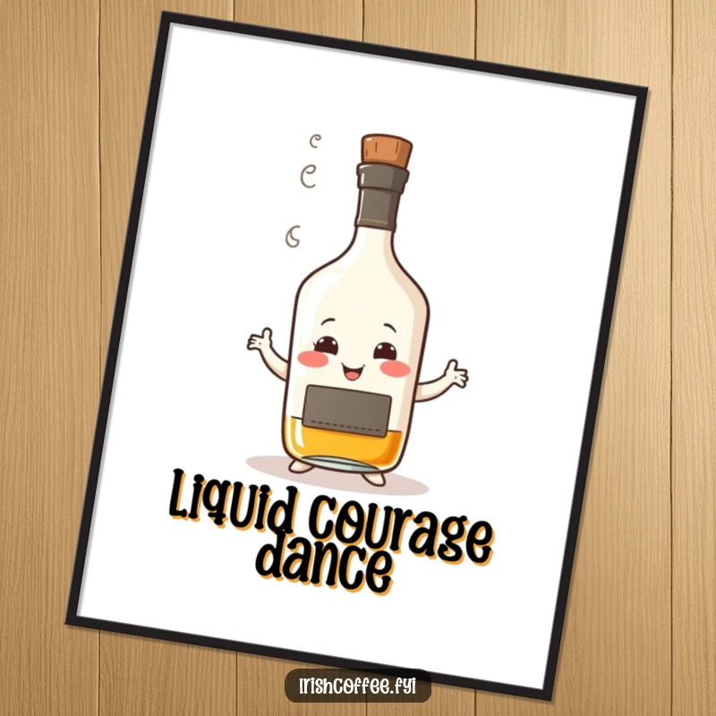 Funny poster featuring a smiling whisky bottle with a wisp of steam, humorously performing a wobbly dance, creating a spirited and funny visual.