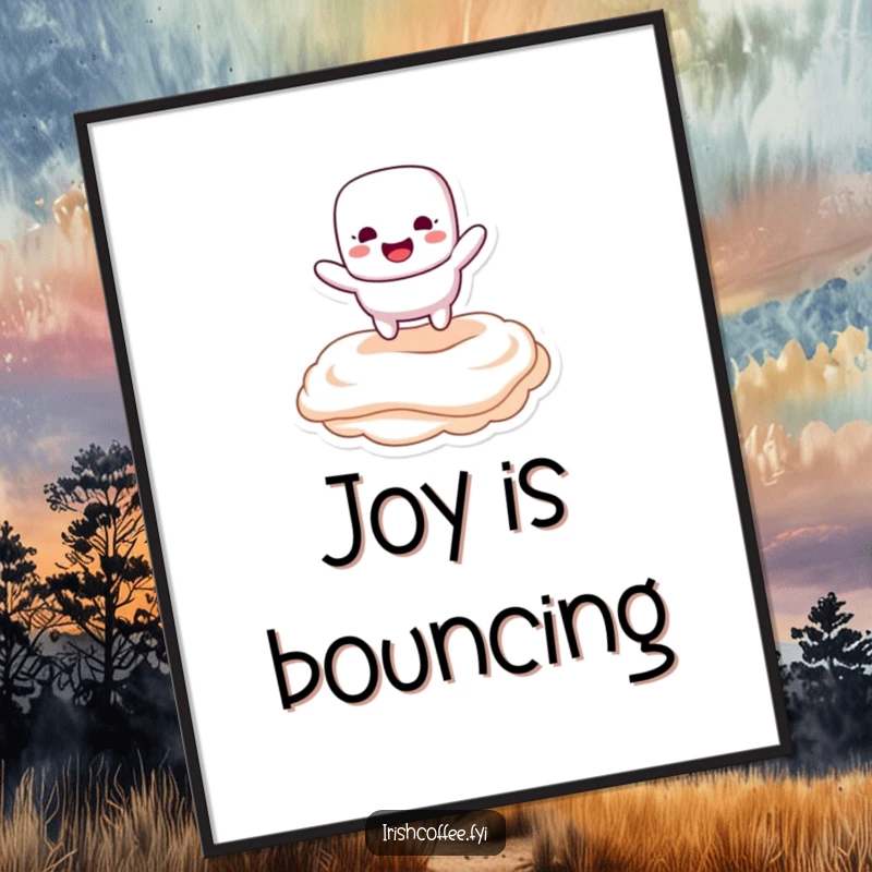 Funny poster artwork of a marshmallow character happily bouncing on creamy topping, radiating sweet and playful humor.