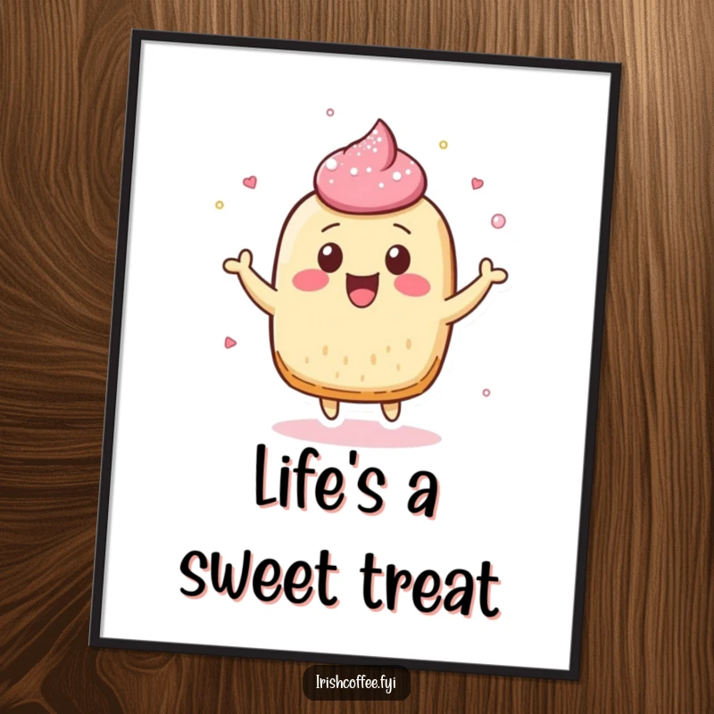 Funny poster illustrating a cheerful pastry character in a playful bounce, with sugar dusting creating a whimsical effect.