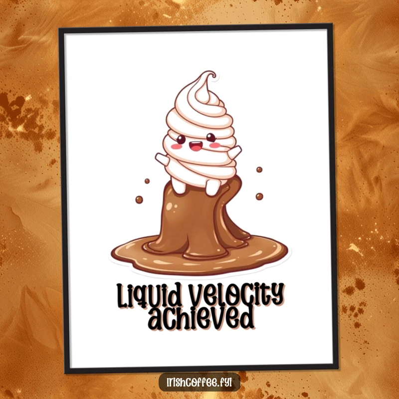 Funny poster displaying a delighted whipped cream character in mid-slide down a vibrant coffee stream, a playful art piece for any room.