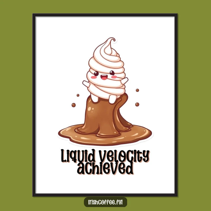 Funny Whipped Cream Poster: Delighted Character Slides Down Coffee Stream, Whimsical Funny Gift Decor!