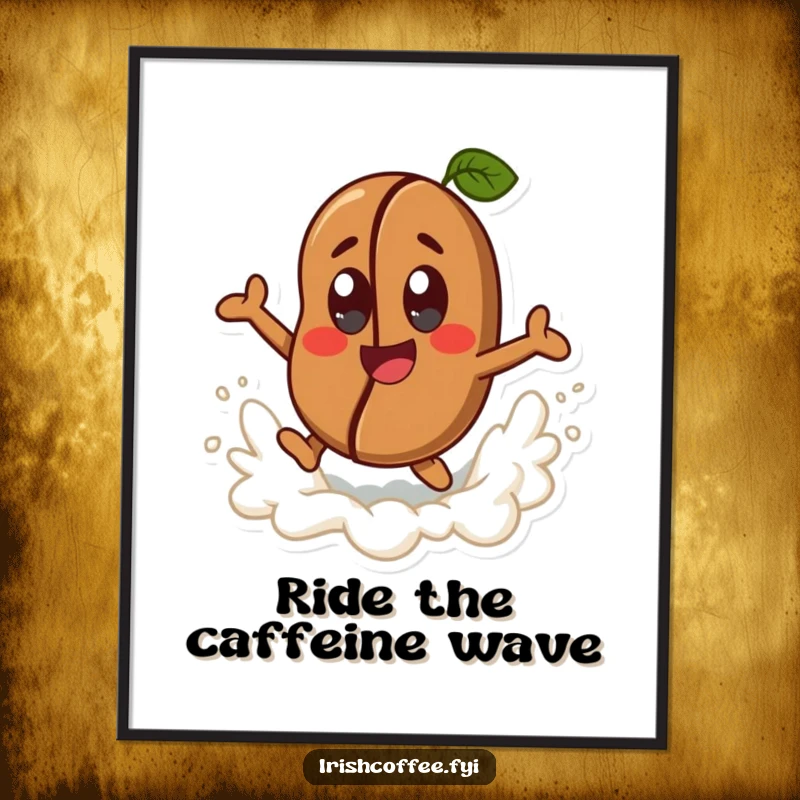 Funny happy coffee bean character with cheerful eyes, joyfully leaping from a frothy wave, displayed as joyful wall art on a poster.